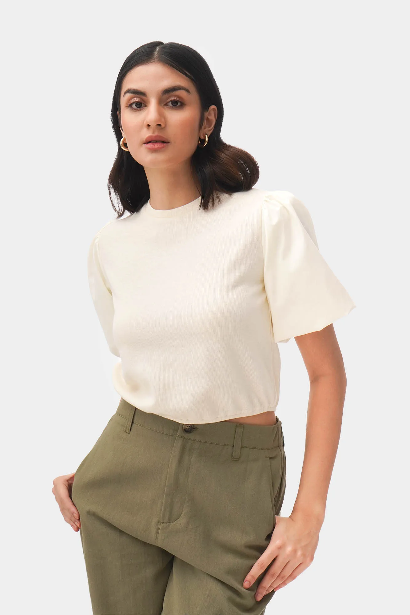 Poplin Puff Sleeve Ribbed Tee