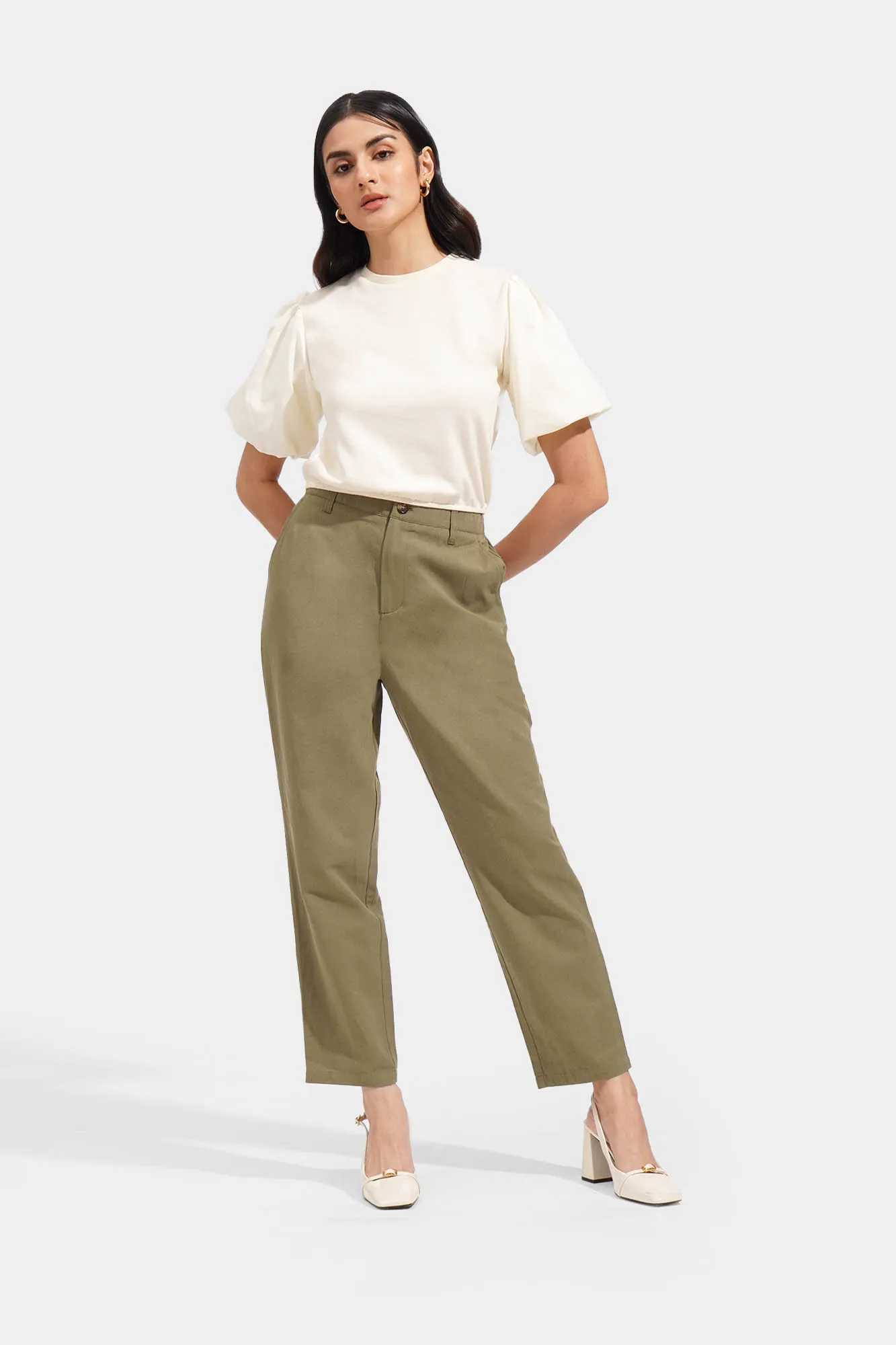 Poplin Puff Sleeve Ribbed Tee