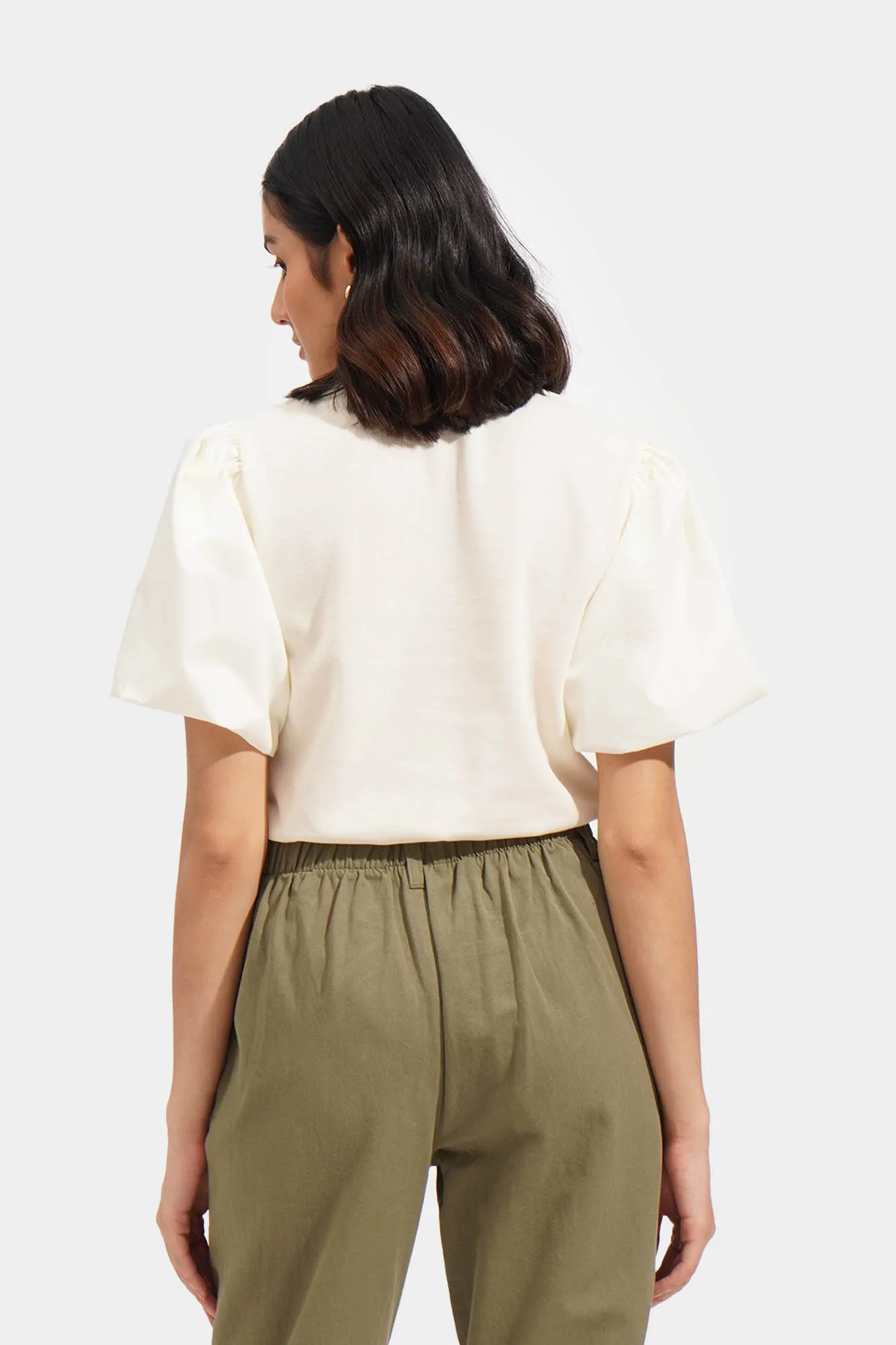 Poplin Puff Sleeve Ribbed Tee