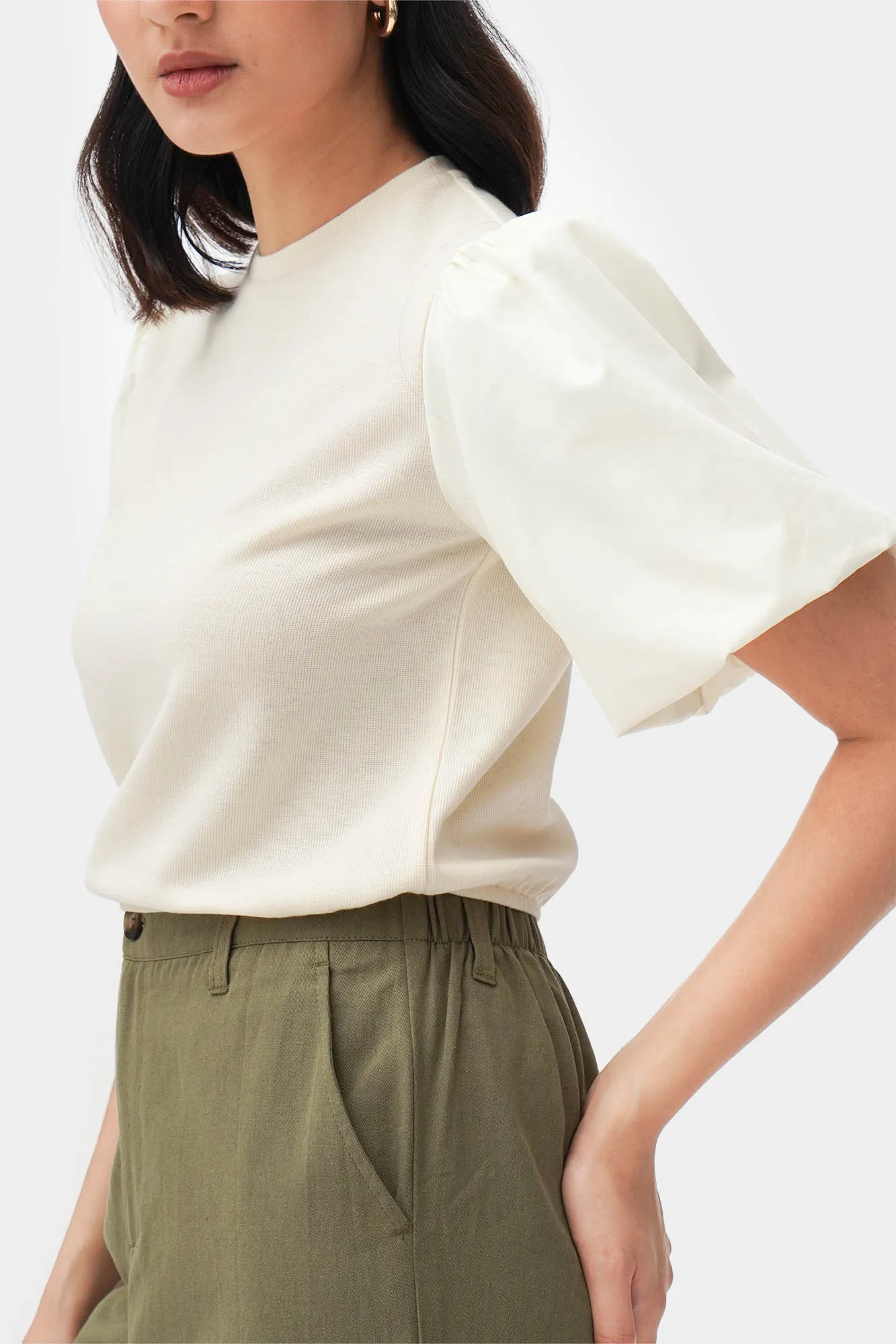 Poplin Puff Sleeve Ribbed Tee