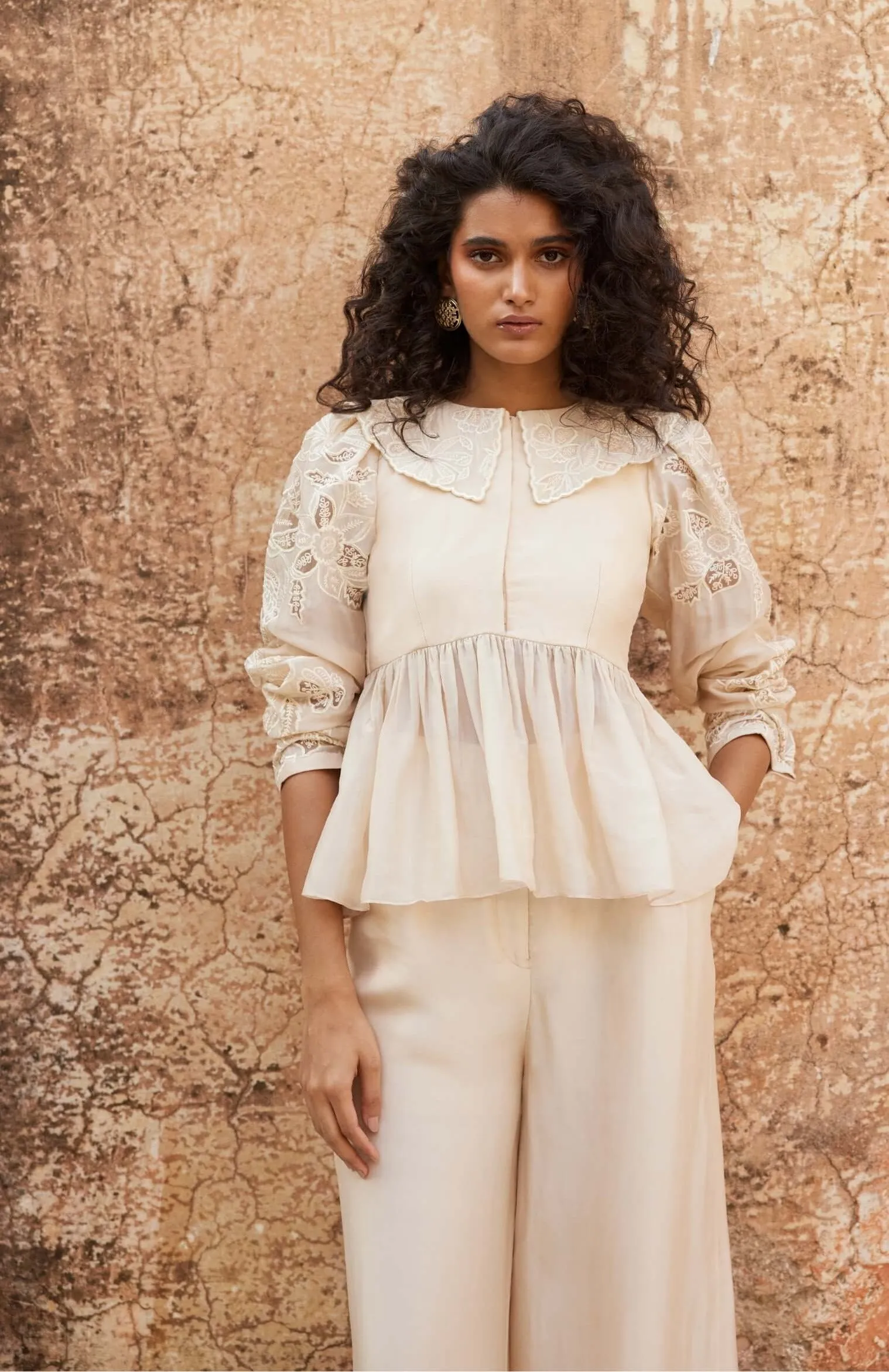 Powder pink peplum top and trouser