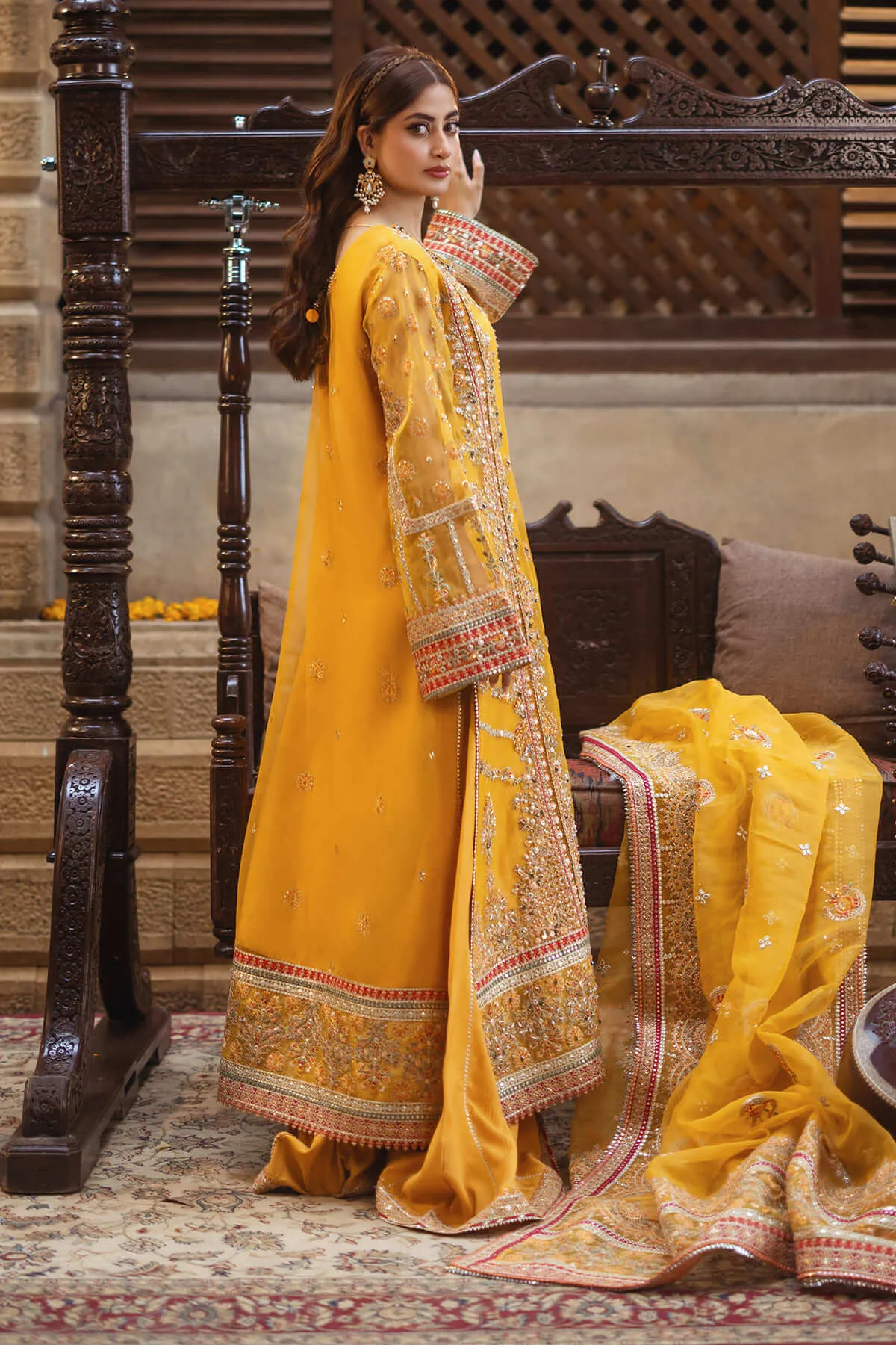 Premium Yellow Tilla Embroidered Pakistani Wedding Dress Kameez Trousers