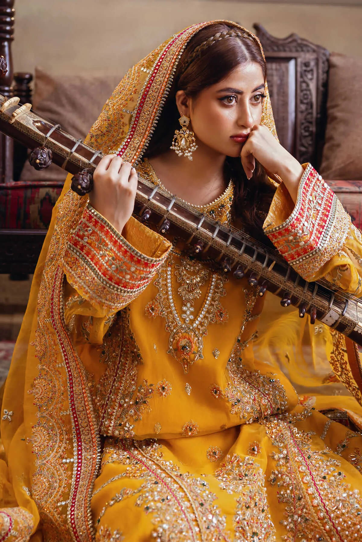 Premium Yellow Tilla Embroidered Pakistani Wedding Dress Kameez Trousers