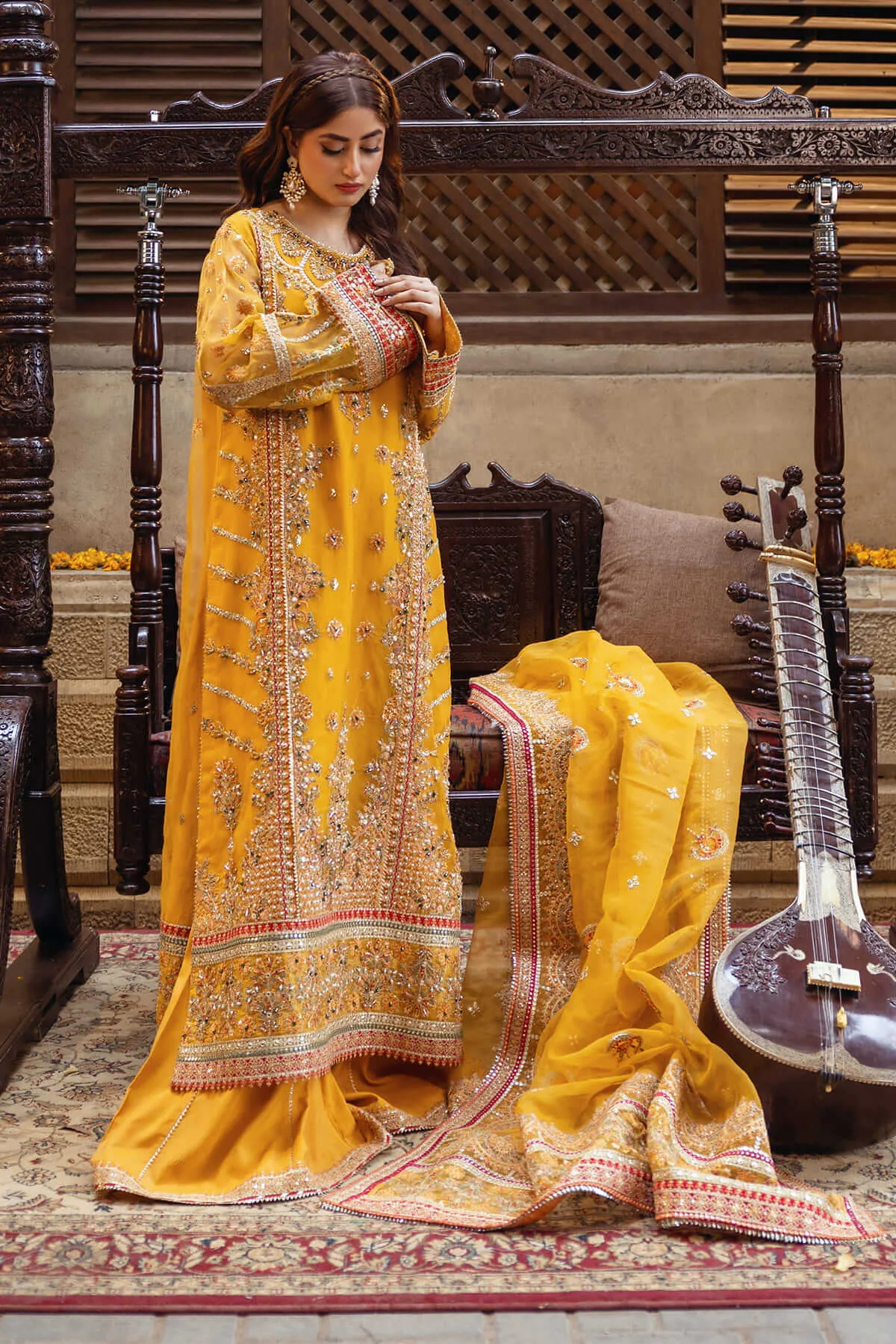 Premium Yellow Tilla Embroidered Pakistani Wedding Dress Kameez Trousers