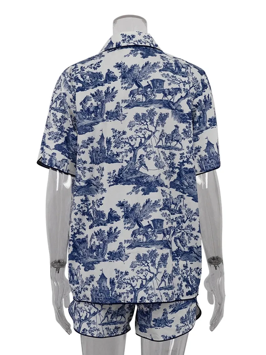 Print 3 Piece Sets Vintage Short Sleeve Shirt   Bra
