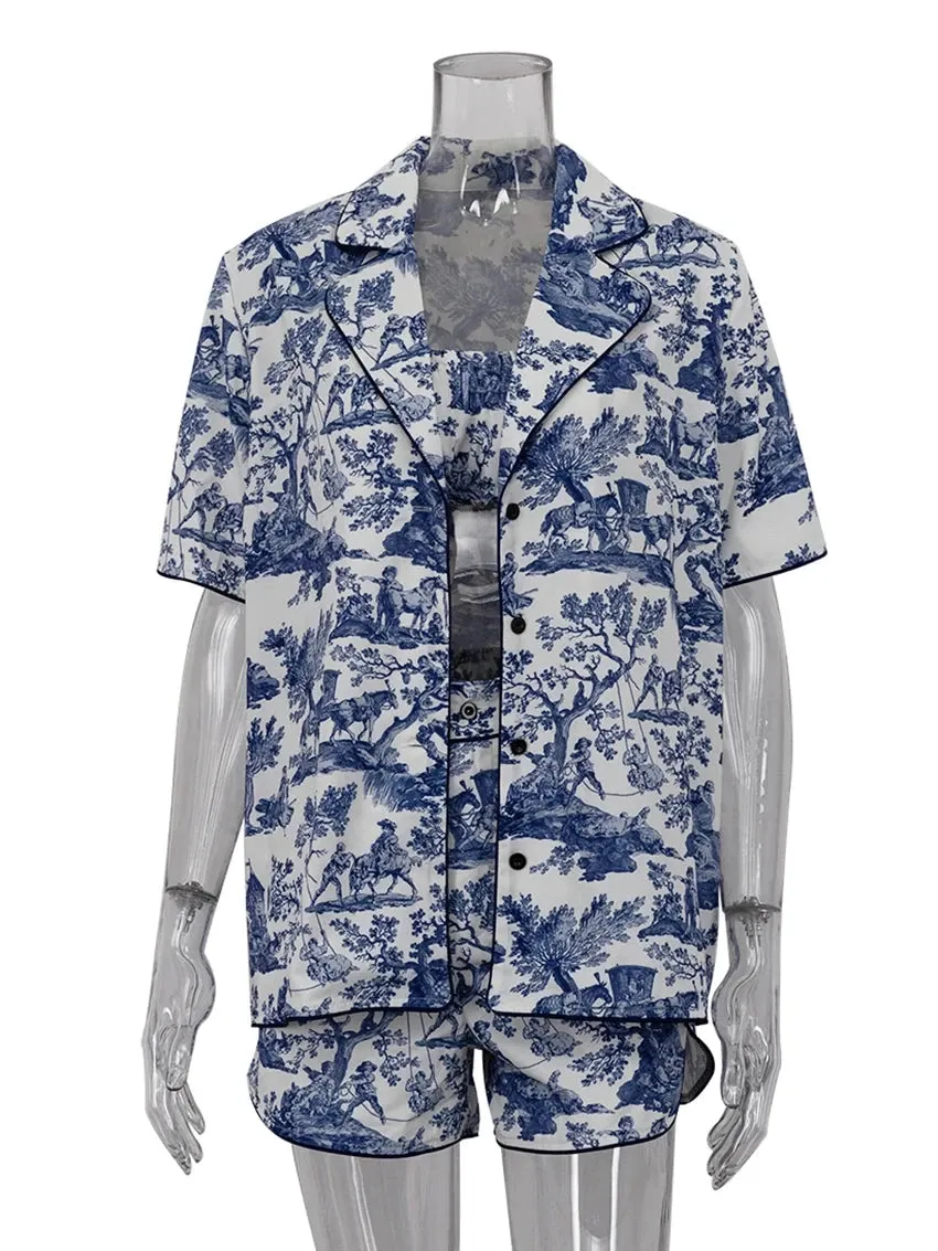 Print 3 Piece Sets Vintage Short Sleeve Shirt   Bra