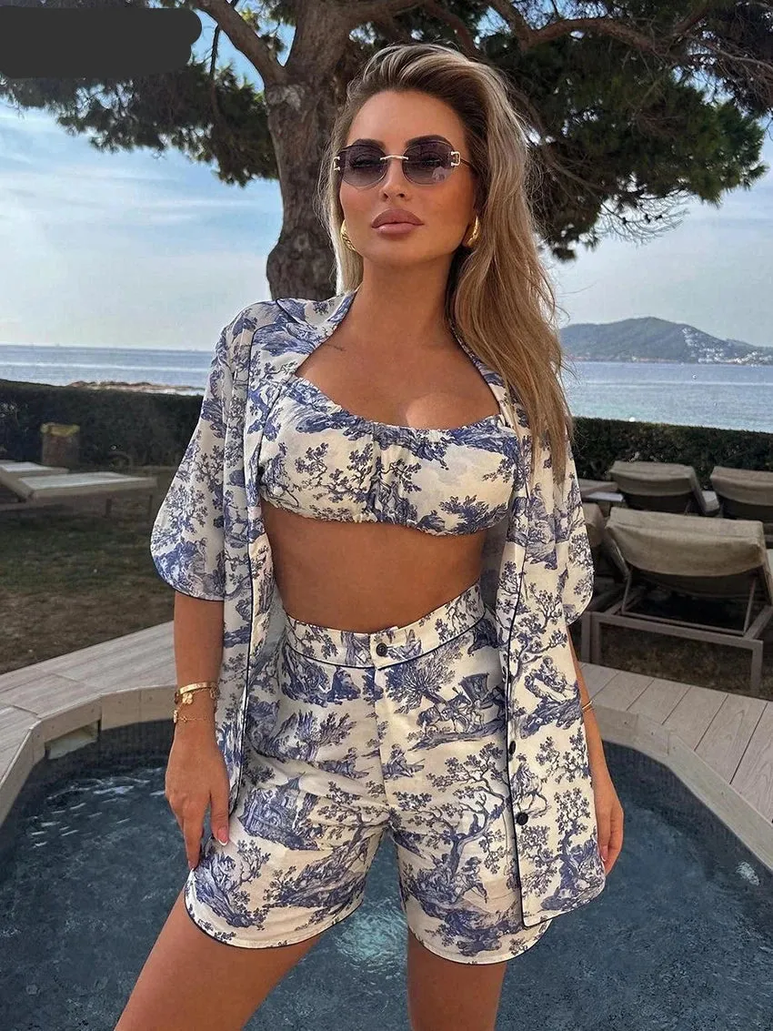 Print 3 Piece Sets Vintage Short Sleeve Shirt   Bra