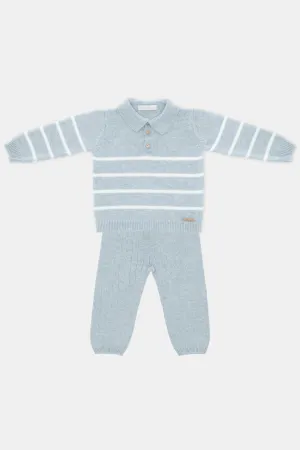 "Reuben" Powder Blue Striped Knit Polo Shirt & Trousers