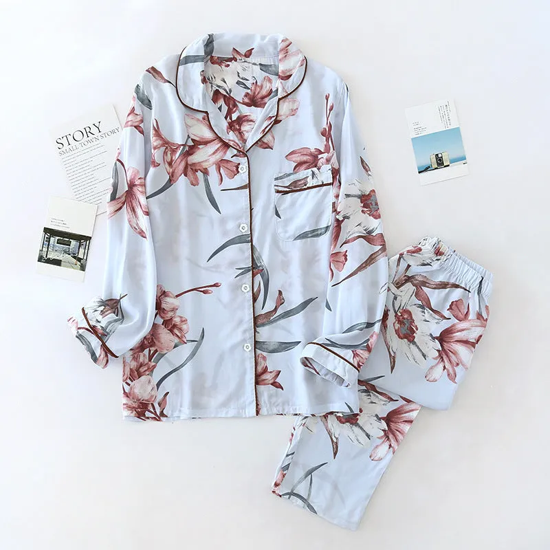 Rayon V-neck Pajamas Women Ladies Home Wear Long Sleeve Pajamas Women Suit Wholesale Rayon Silk