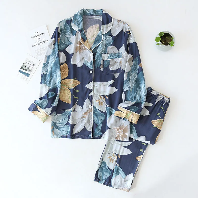 Rayon V-neck Pajamas Women Ladies Home Wear Long Sleeve Pajamas Women Suit Wholesale Rayon Silk
