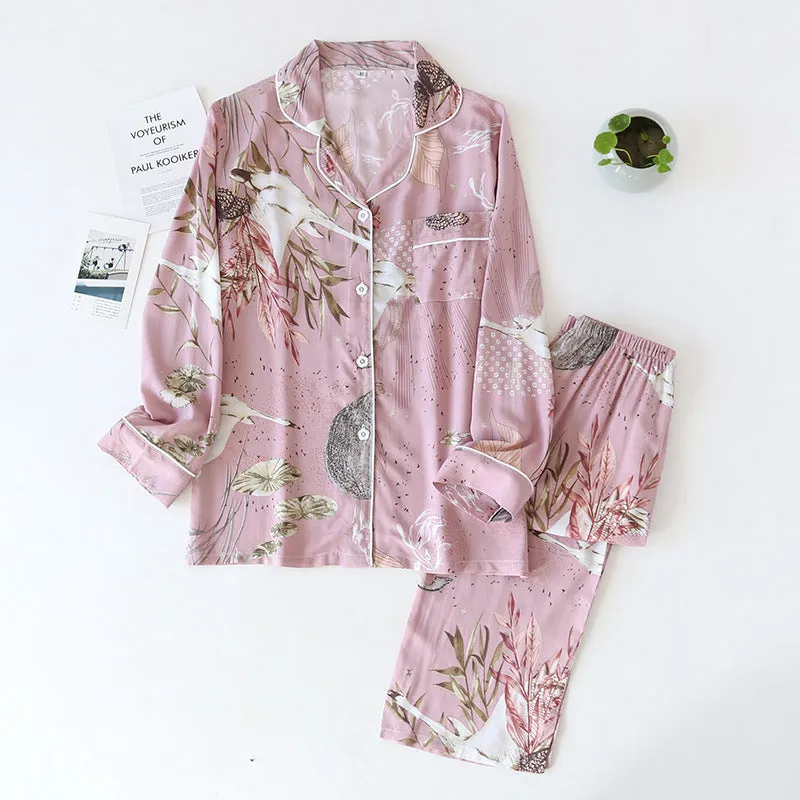 Rayon V-neck Pajamas Women Ladies Home Wear Long Sleeve Pajamas Women Suit Wholesale Rayon Silk