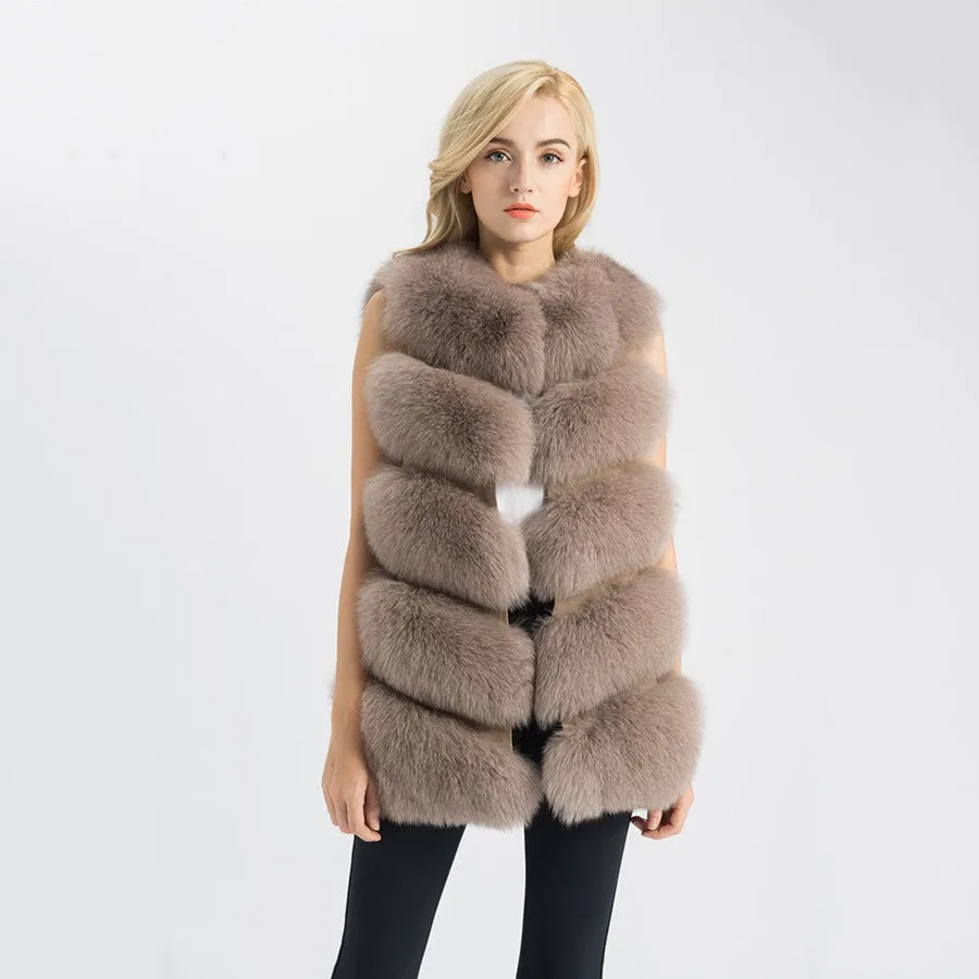 Real Fox Fur Gilet Women Winter Genuine Soft Natural Fur Long 5 Rows Mocca Vest