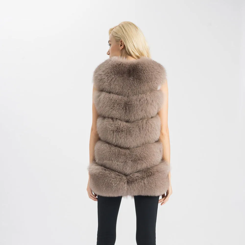 Real Fox Fur Gilet Women Winter Genuine Soft Natural Fur Long 5 Rows Mocca Vest