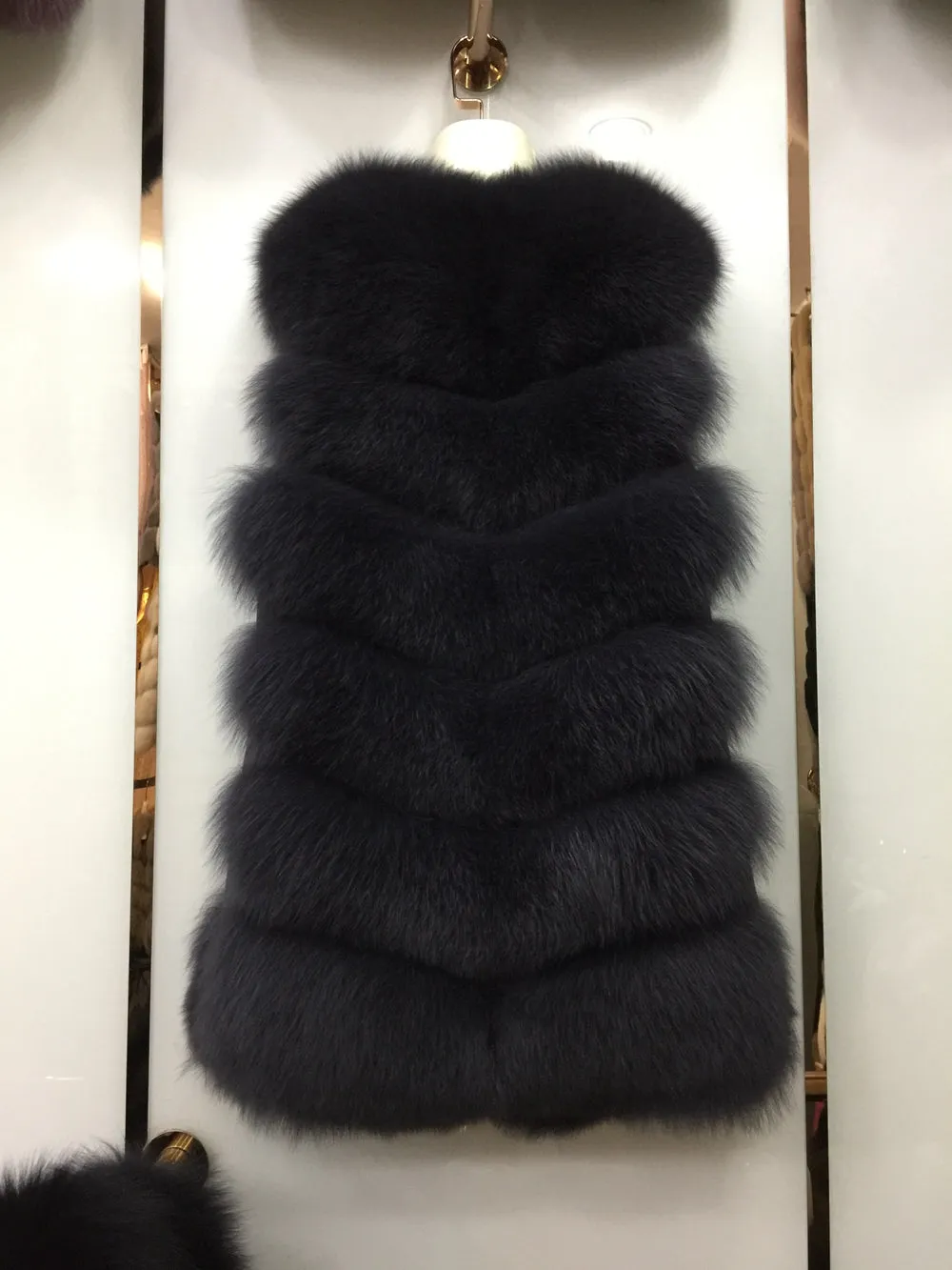 Real Fox Fur Long Vest  Women Fur 6 Rows Gilet  Dark Grey Waistcoat