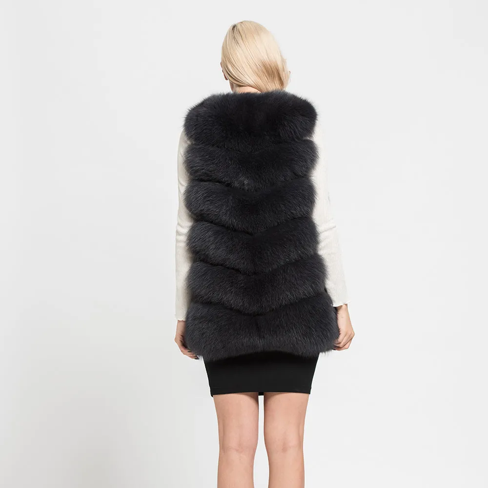 Real Fox Fur Long Vest  Women Fur 6 Rows Gilet  Dark Grey Waistcoat