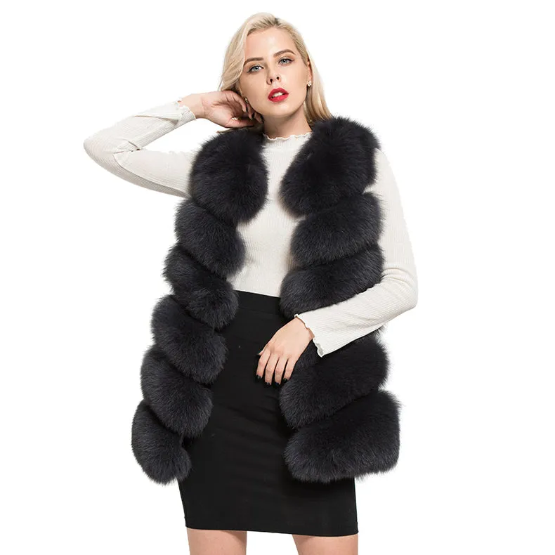 Real Fox Fur Long Vest  Women Fur 6 Rows Gilet  Dark Grey Waistcoat
