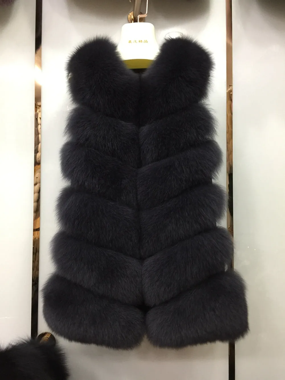 Real Fox Fur Long Vest  Women Fur 6 Rows Gilet  Dark Grey Waistcoat
