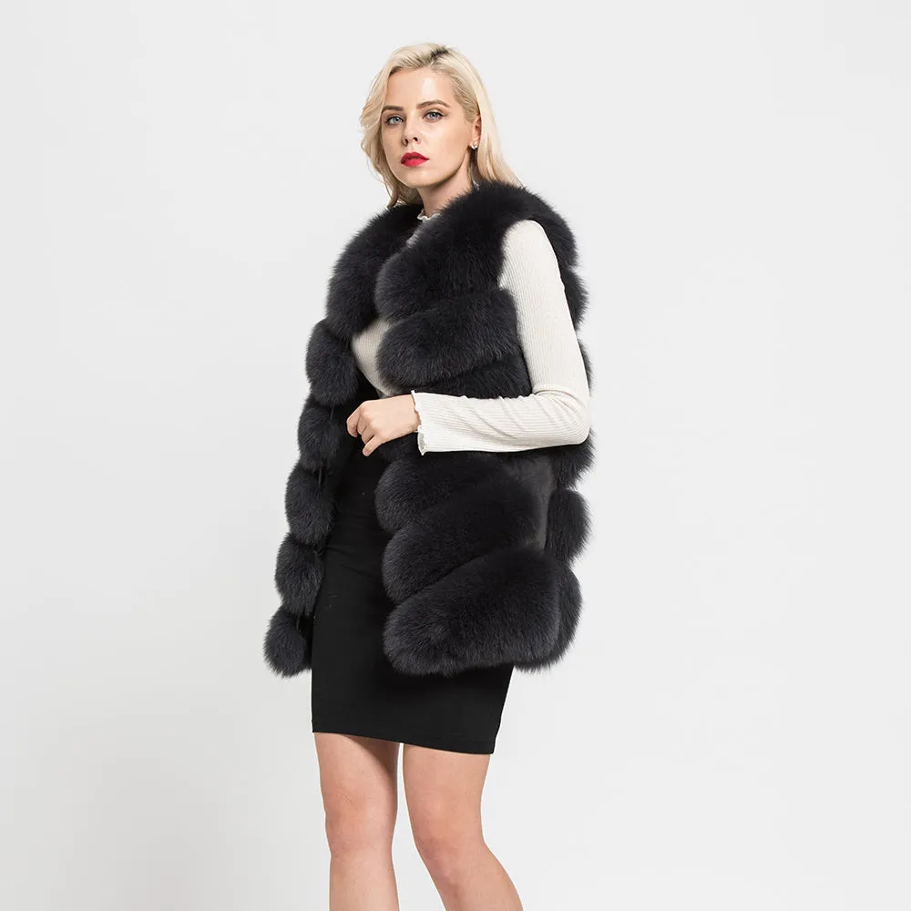 Real Fox Fur Long Vest  Women Fur 6 Rows Gilet  Dark Grey Waistcoat