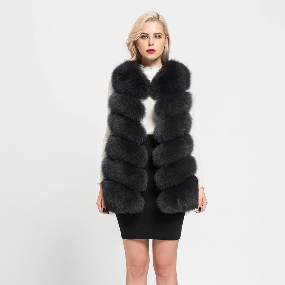 Real Fox Fur Long Vest  Women Fur 6 Rows Gilet  Dark Grey Waistcoat