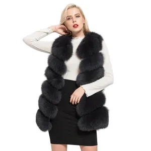 Real Fox Fur Long Vest  Women Fur 6 Rows Gilet  Dark Grey Waistcoat
