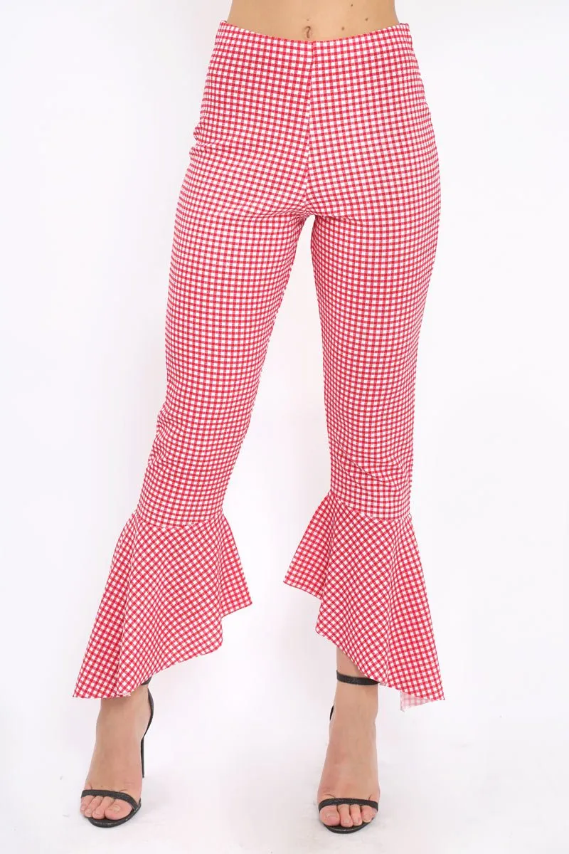 Red Gingham Frill Hem Trousers - Payton