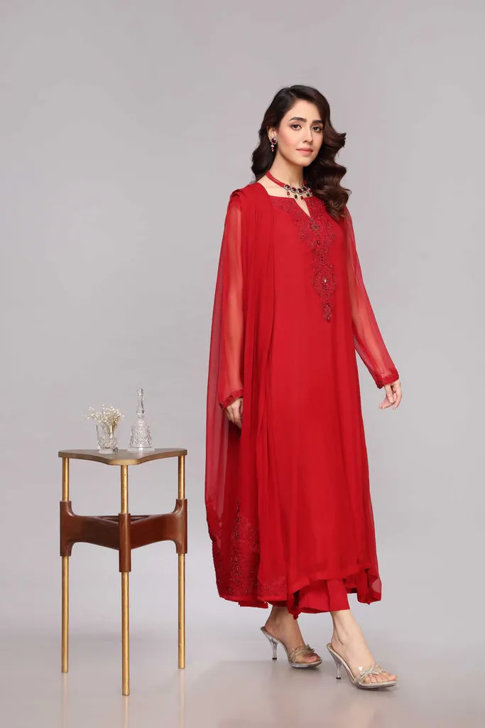 Red Kameez Trouser and Dupatta Pakistani Party Dress