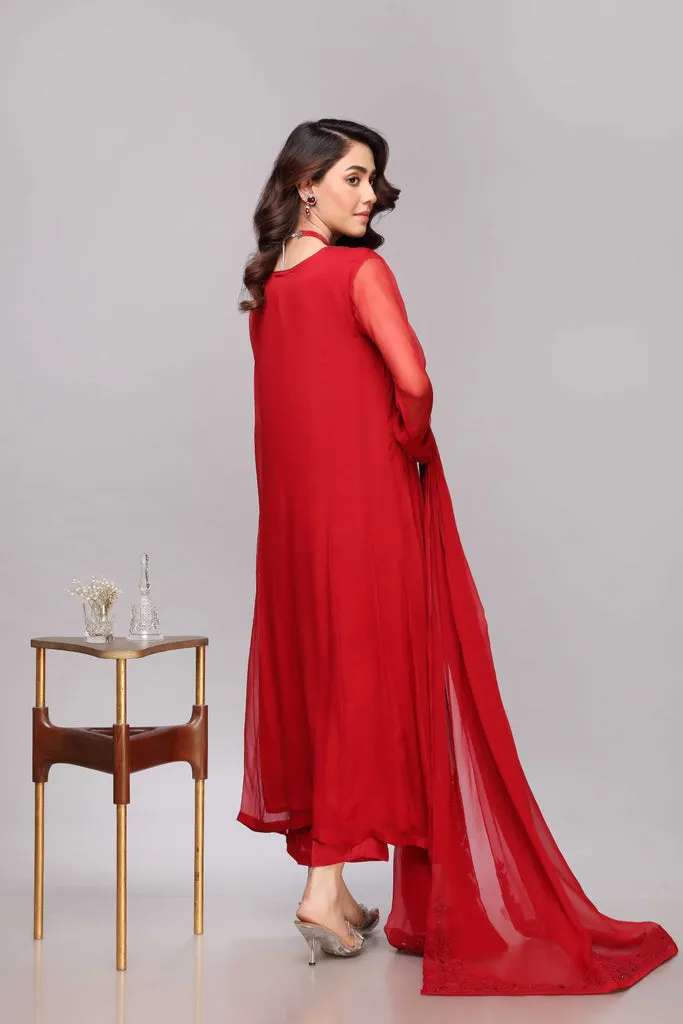 Red Kameez Trouser and Dupatta Pakistani Party Dress