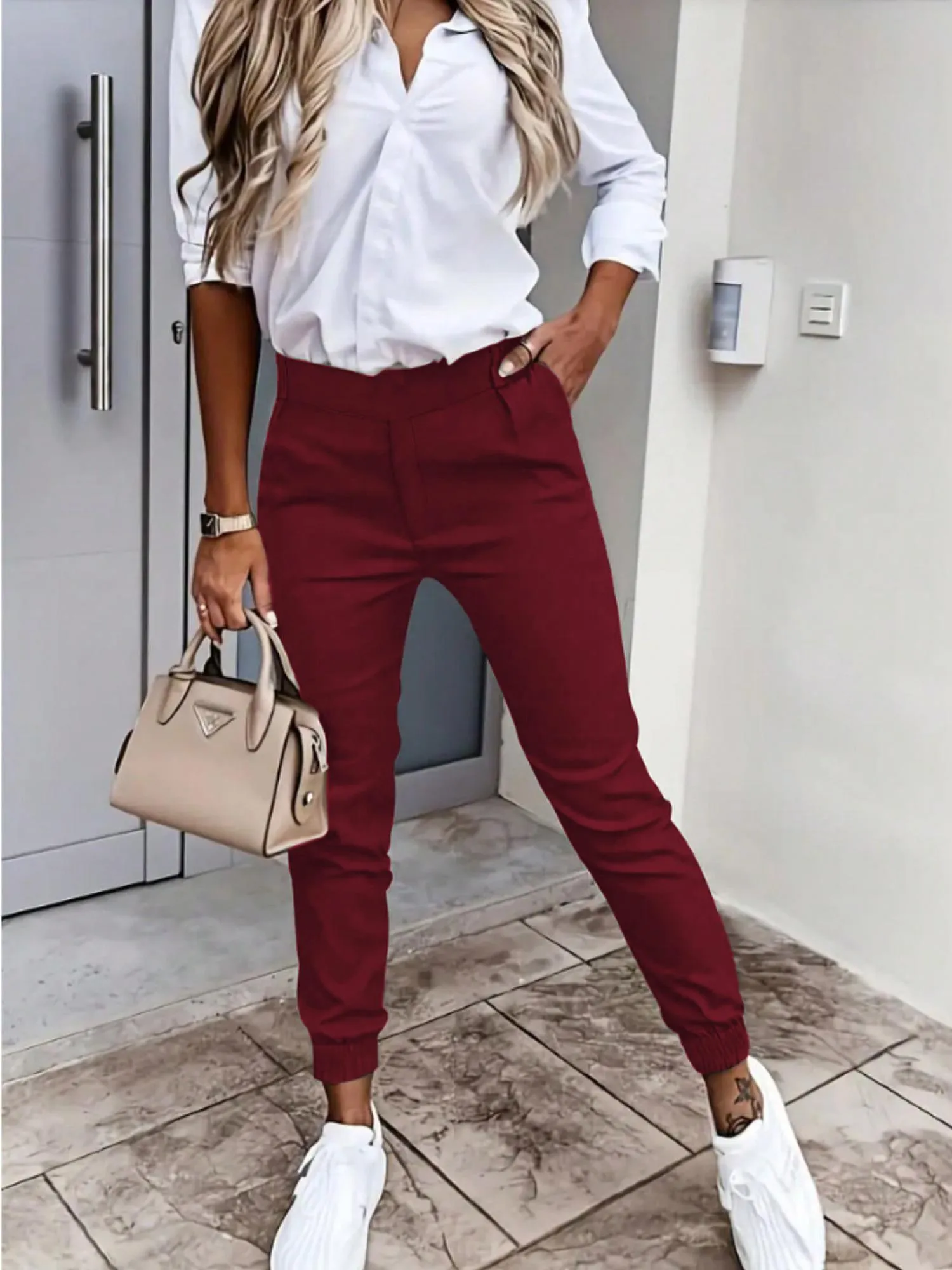 Red Slim Fit Pants With Slant Pockets