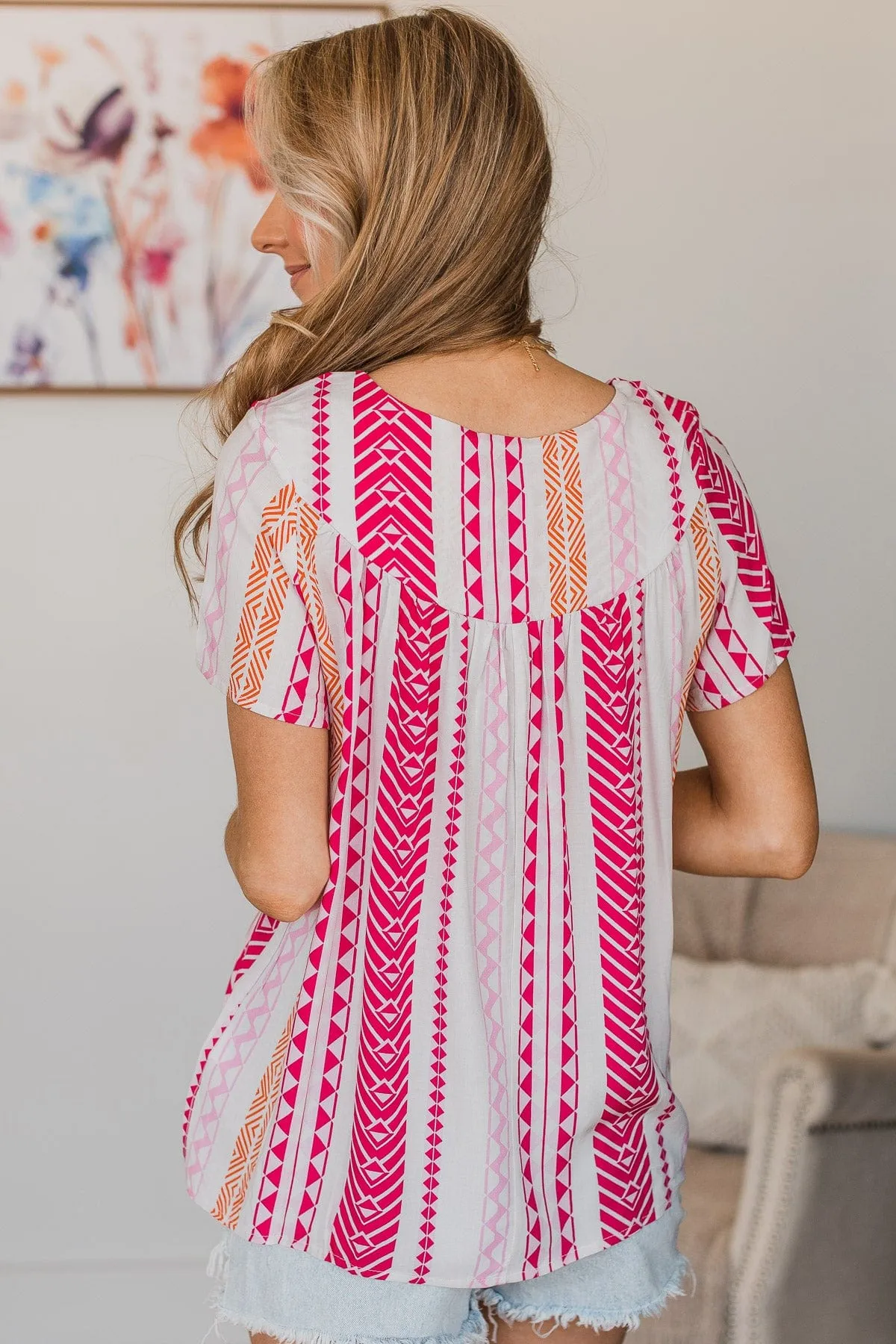 Relive The Magic Patterned Blouse- Ivory & Hot Pink