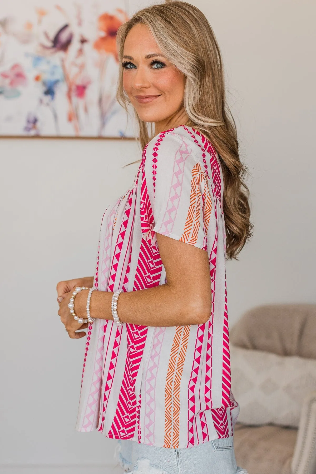 Relive The Magic Patterned Blouse- Ivory & Hot Pink