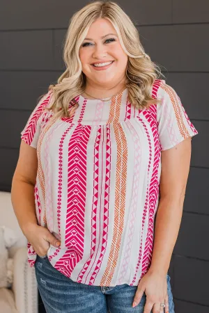 Relive The Magic Patterned Blouse- Ivory & Hot Pink