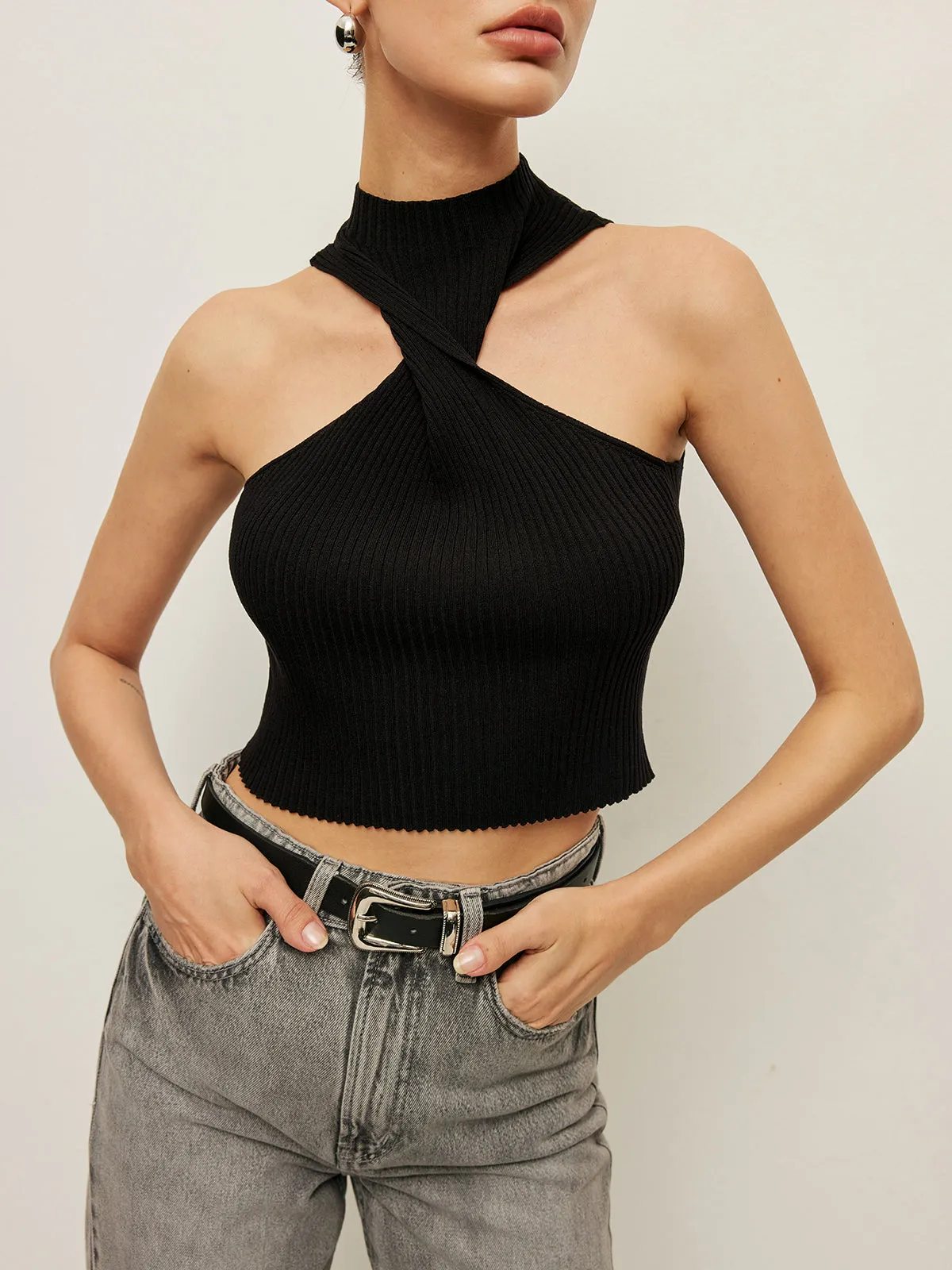 Ribbed Cross Halter Knit Top