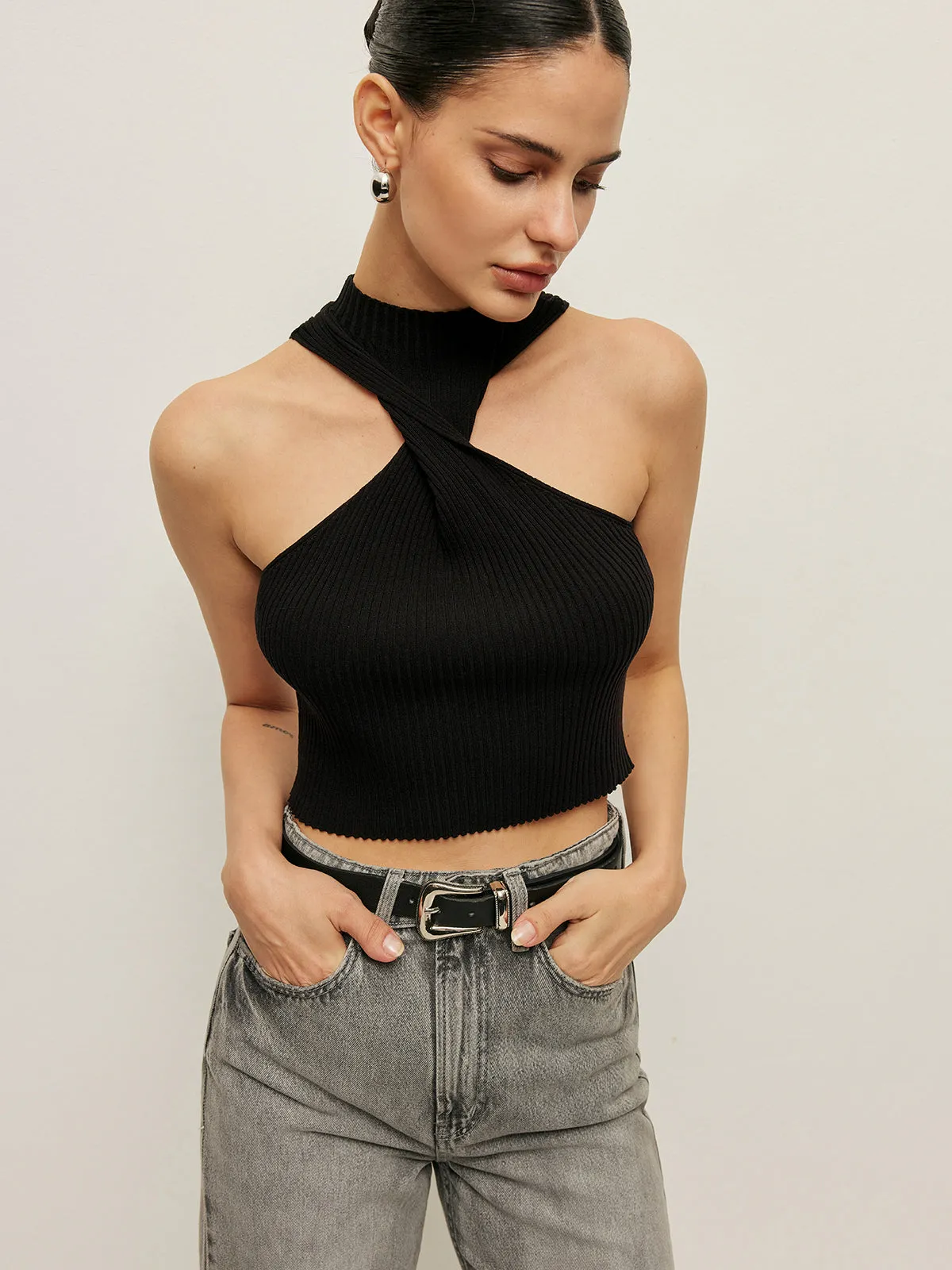 Ribbed Cross Halter Knit Top