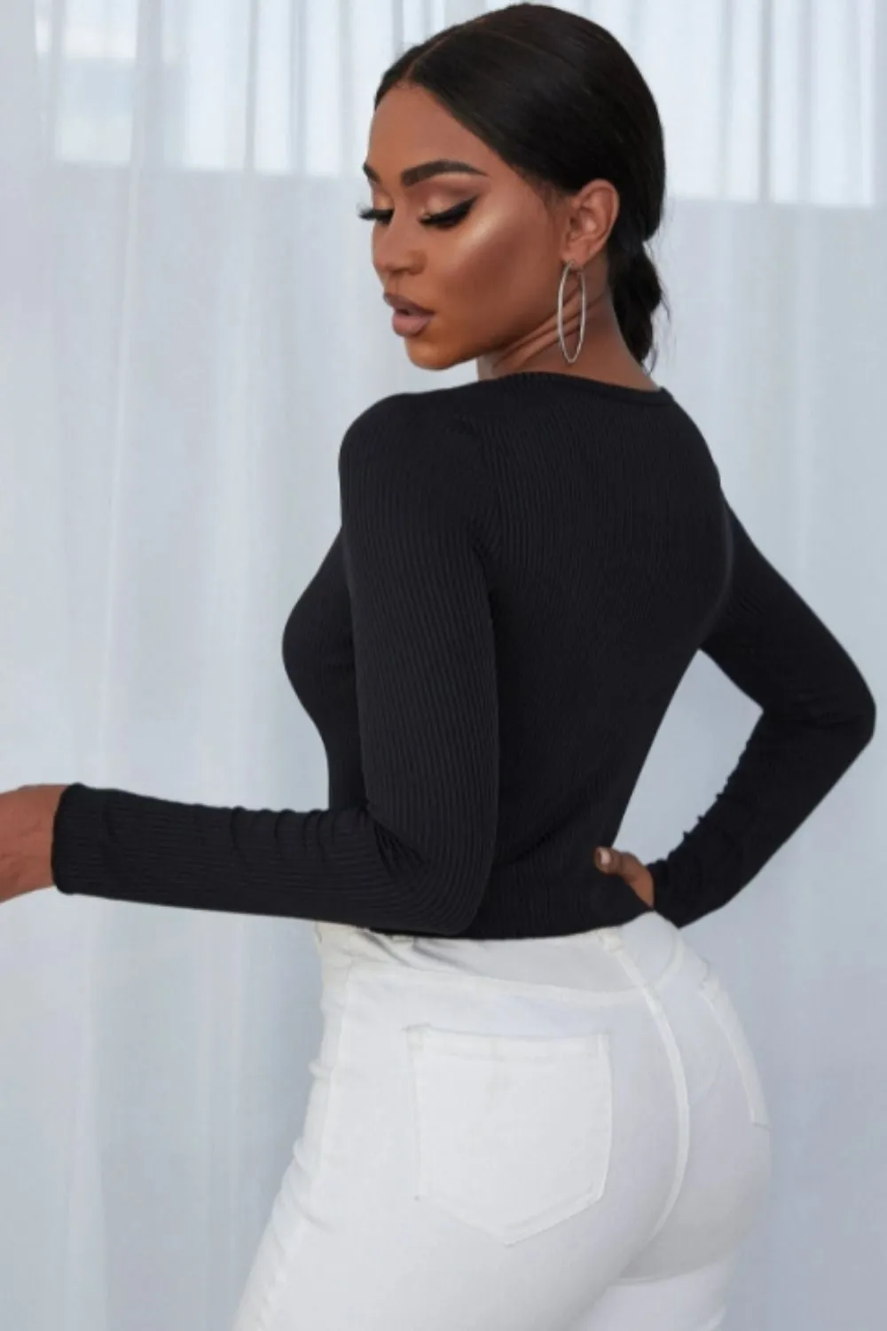 Ribbed Knit Button Front Crop Top