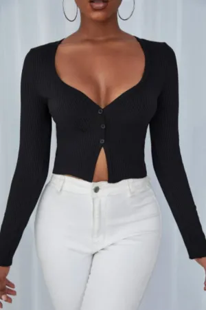 Ribbed Knit Button Front Crop Top