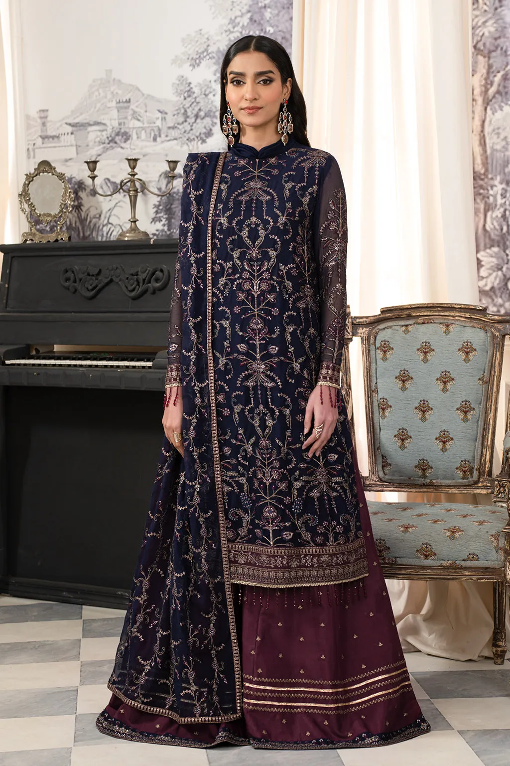 Royal Blue Embroidered Pakistani Wedding Dress kameez Gharara