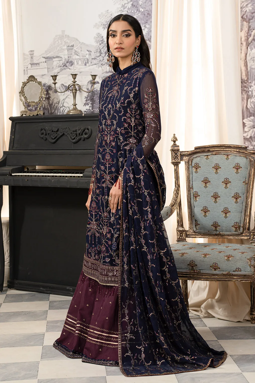 Royal Blue Embroidered Pakistani Wedding Dress kameez Gharara