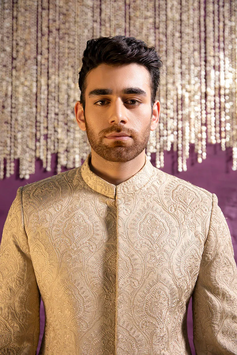 Royal Embroidered Beige Sherwani Pakistani Groom Dress