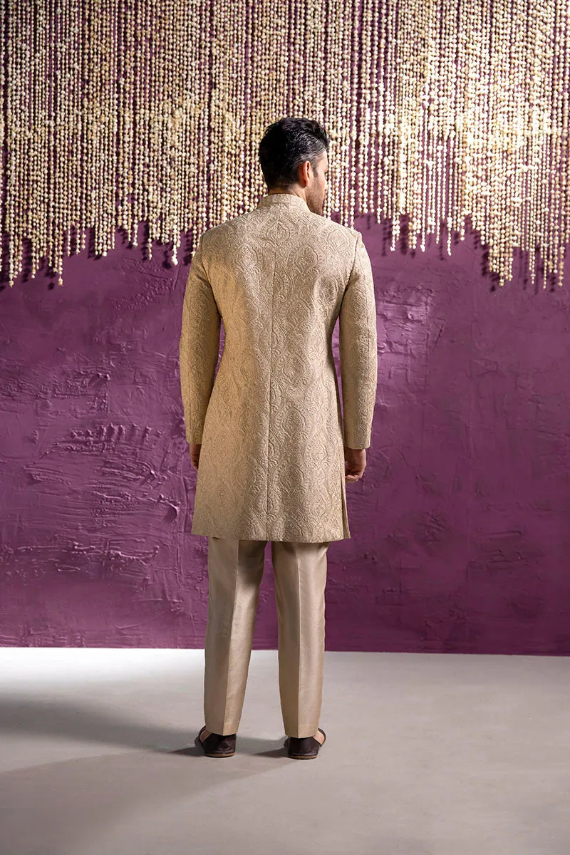 Royal Embroidered Beige Sherwani Pakistani Groom Dress