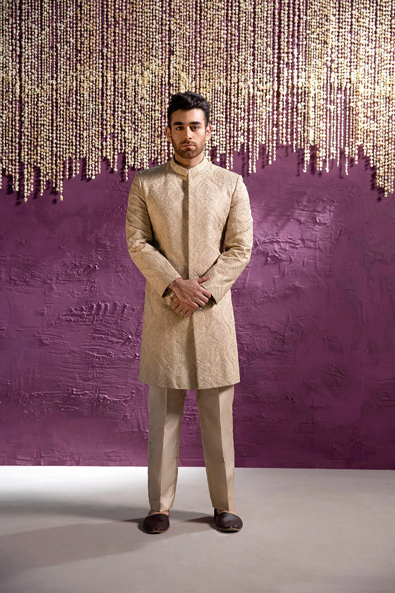 Royal Embroidered Beige Sherwani Pakistani Groom Dress