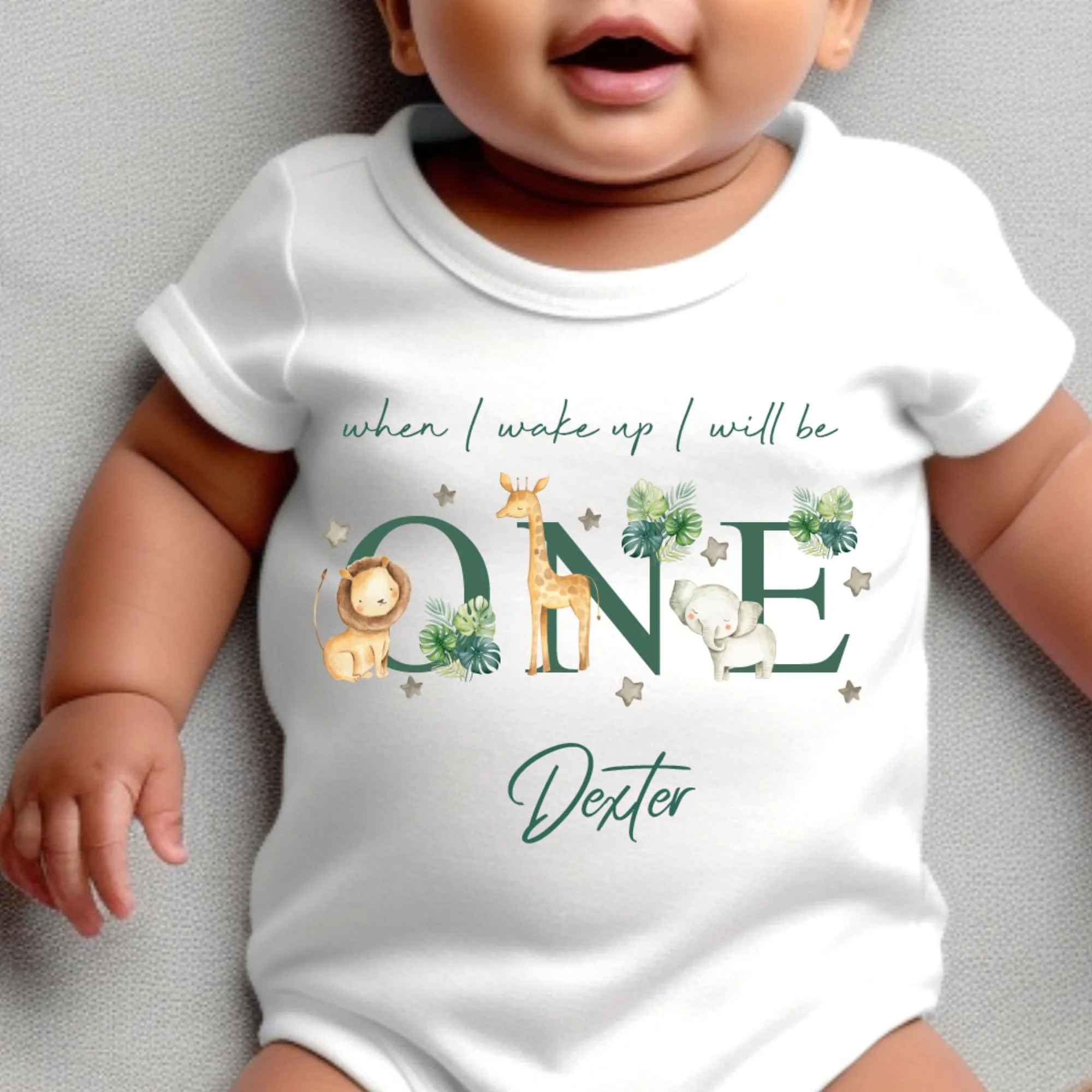 Safari Animal Birthday sleepsuit, Unisex Birthday vest, When I wake up I’ll be One, Wild One, Animal Safari elephant, Lion Giraffe romper