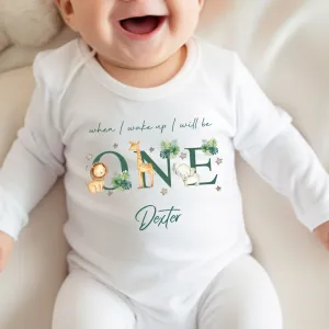 Safari Animal Birthday sleepsuit, Unisex Birthday vest, When I wake up I’ll be One, Wild One, Animal Safari elephant, Lion Giraffe romper