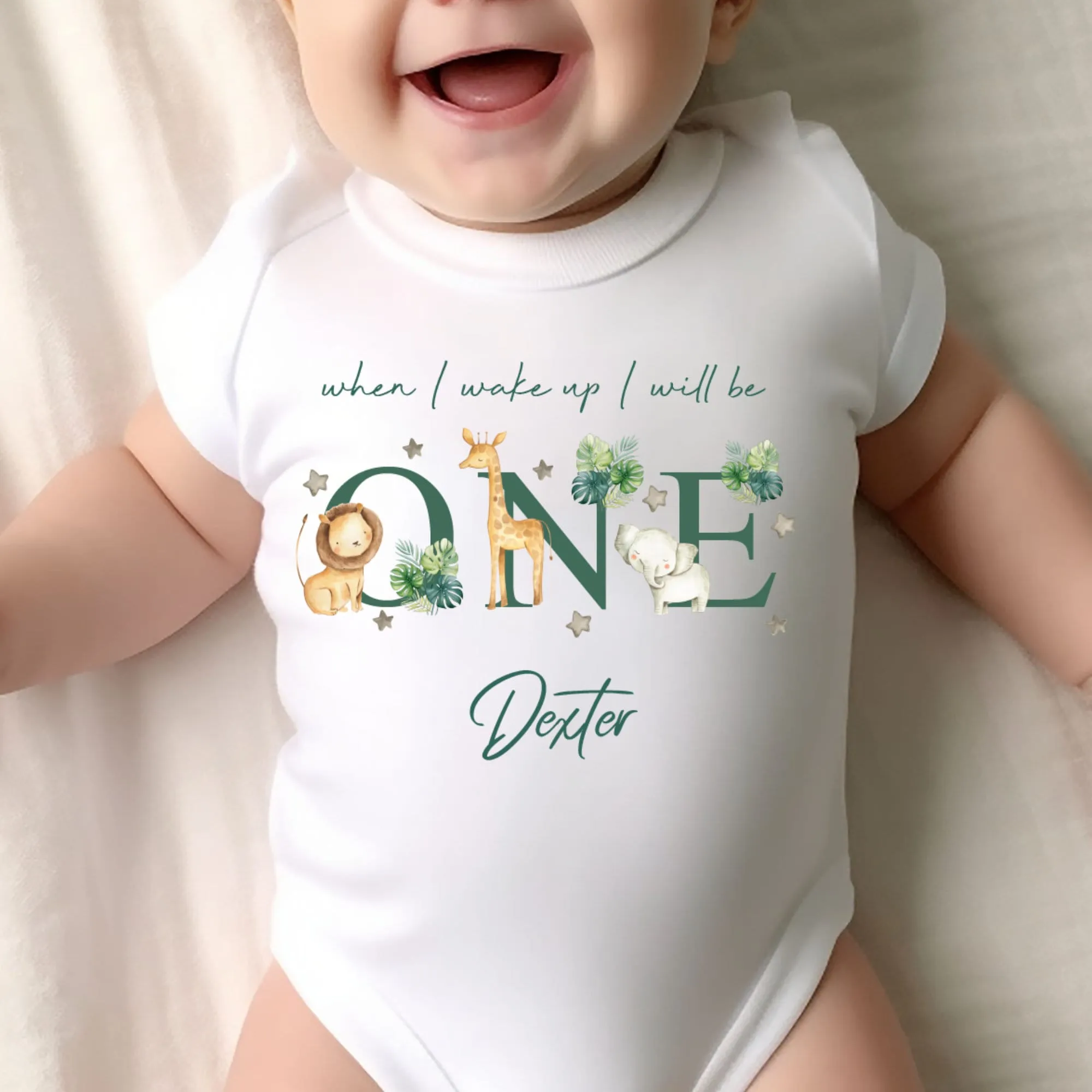 Safari Animal Birthday sleepsuit, Unisex Birthday vest, When I wake up I’ll be One, Wild One, Animal Safari elephant, Lion Giraffe romper