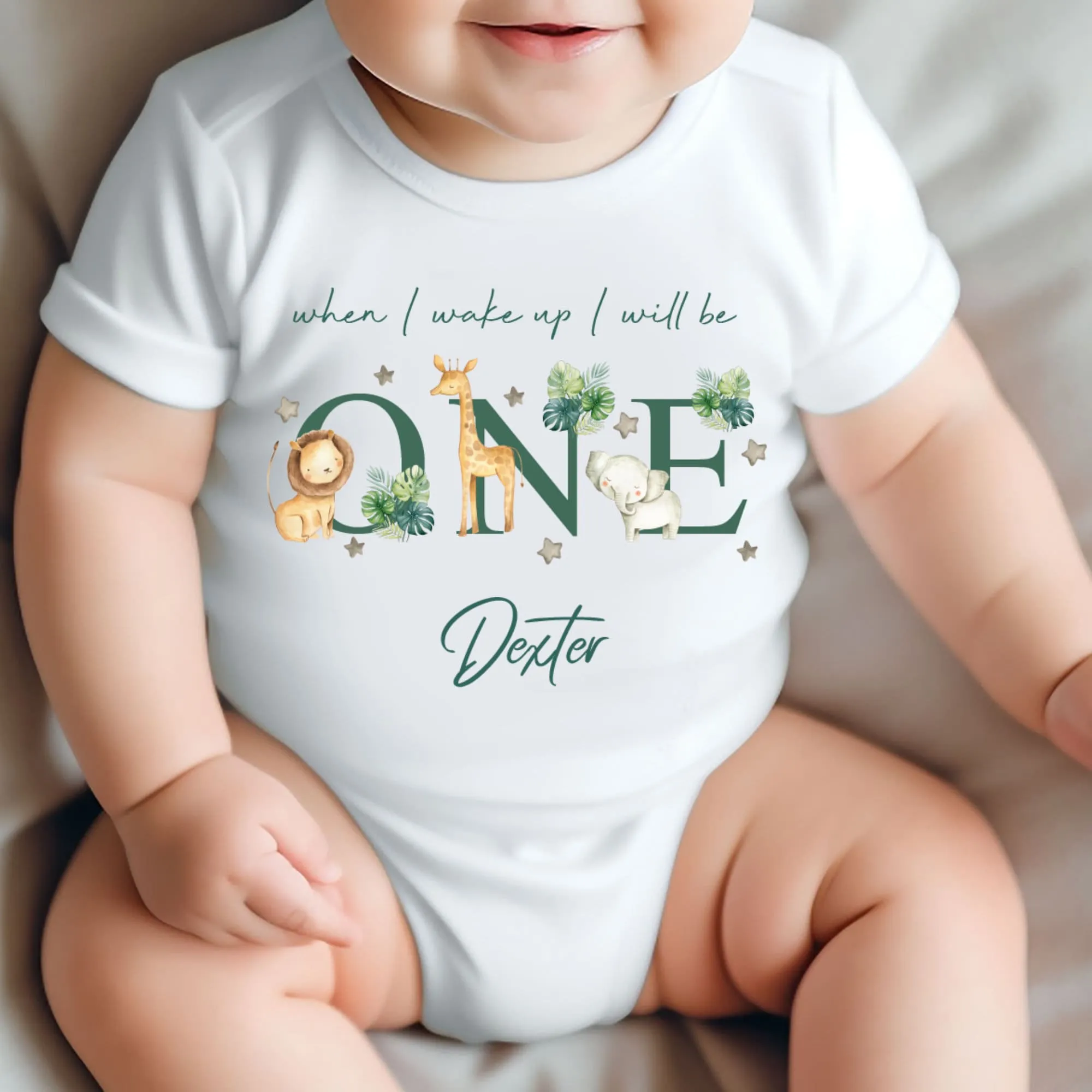 Safari Animal Birthday sleepsuit, Unisex Birthday vest, When I wake up I’ll be One, Wild One, Animal Safari elephant, Lion Giraffe romper