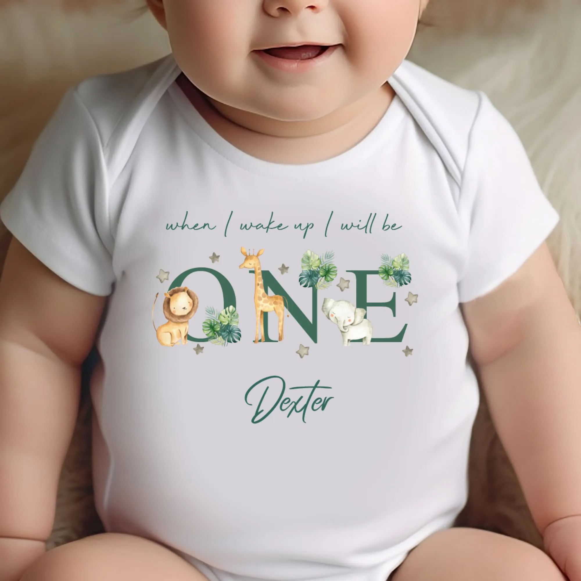 Safari Animal Birthday sleepsuit, Unisex Birthday vest, When I wake up I’ll be One, Wild One, Animal Safari elephant, Lion Giraffe romper