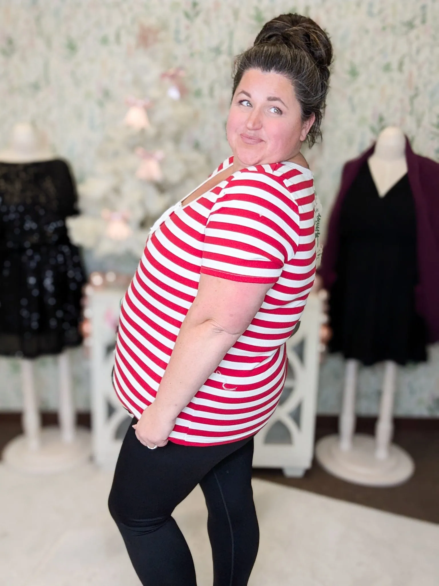 SALE- Shaylee Ribbed Scoopneck w/Decorative Buttons in Candy Striper