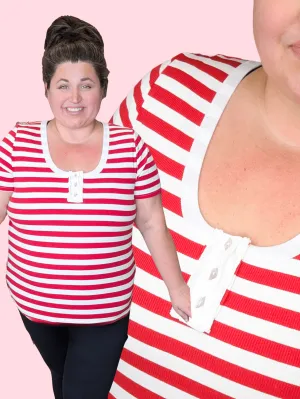 SALE- Shaylee Ribbed Scoopneck w/Decorative Buttons in Candy Striper