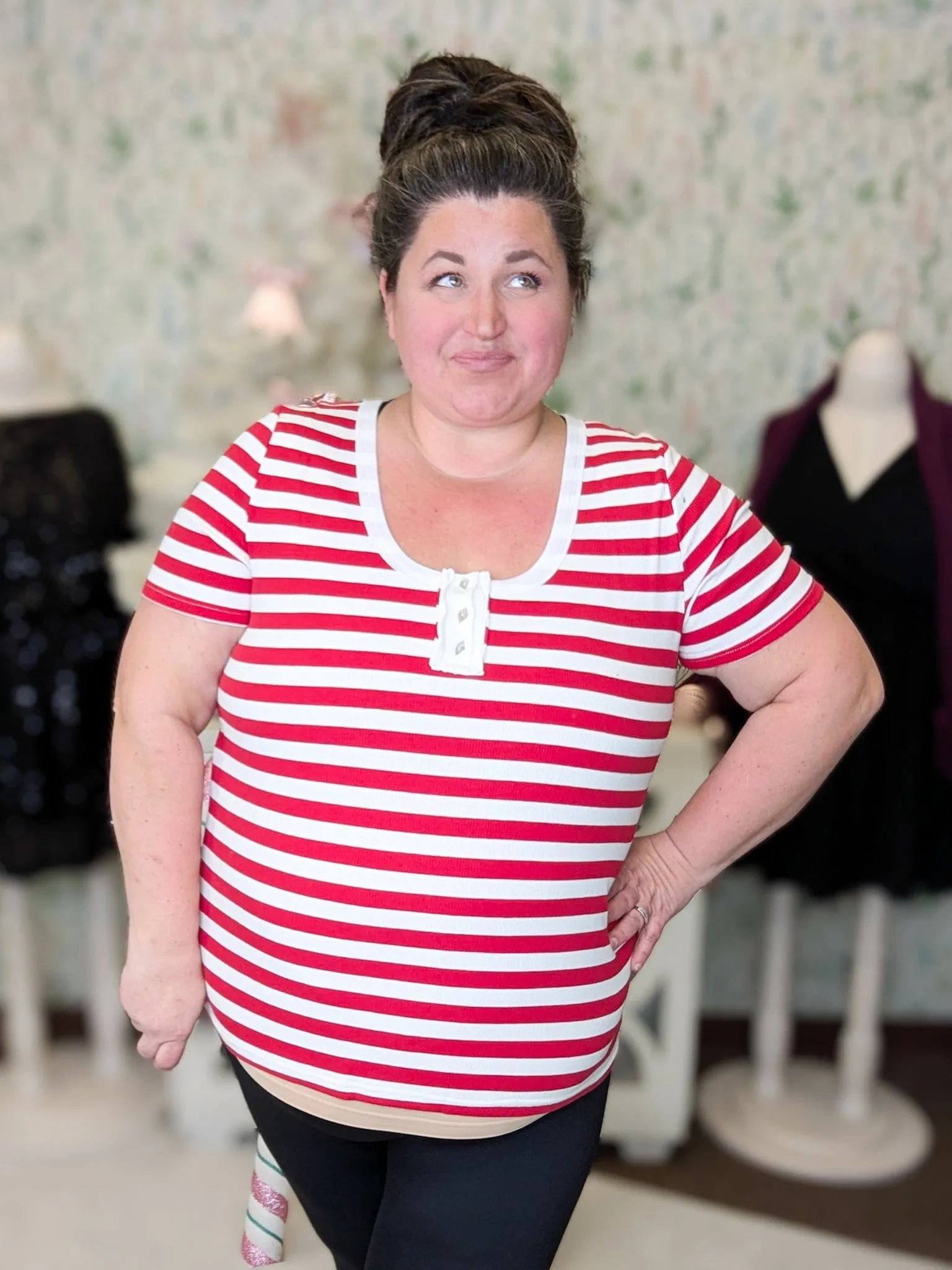 SALE- Shaylee Ribbed Scoopneck w/Decorative Buttons in Candy Striper