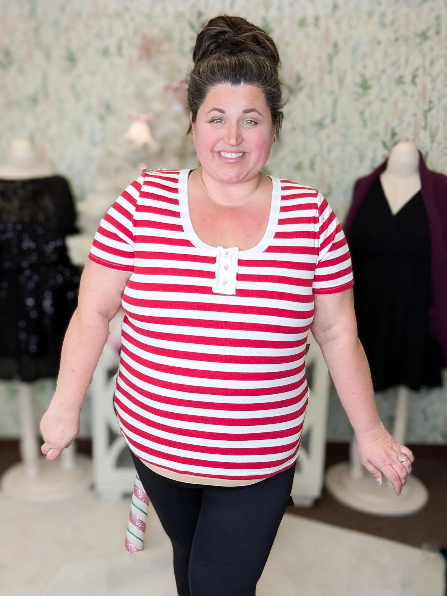 SALE- Shaylee Ribbed Scoopneck w/Decorative Buttons in Candy Striper