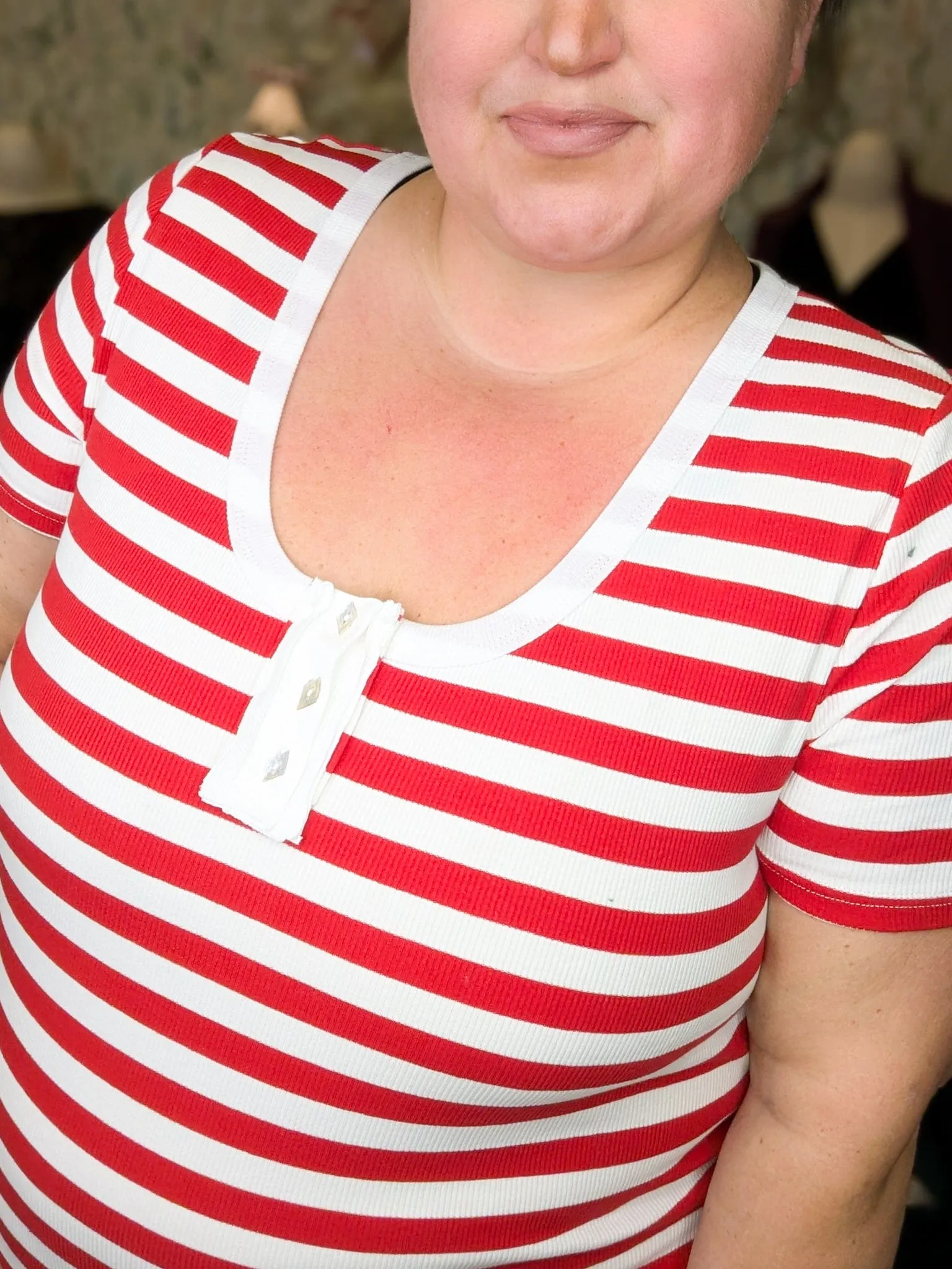 SALE- Shaylee Ribbed Scoopneck w/Decorative Buttons in Candy Striper